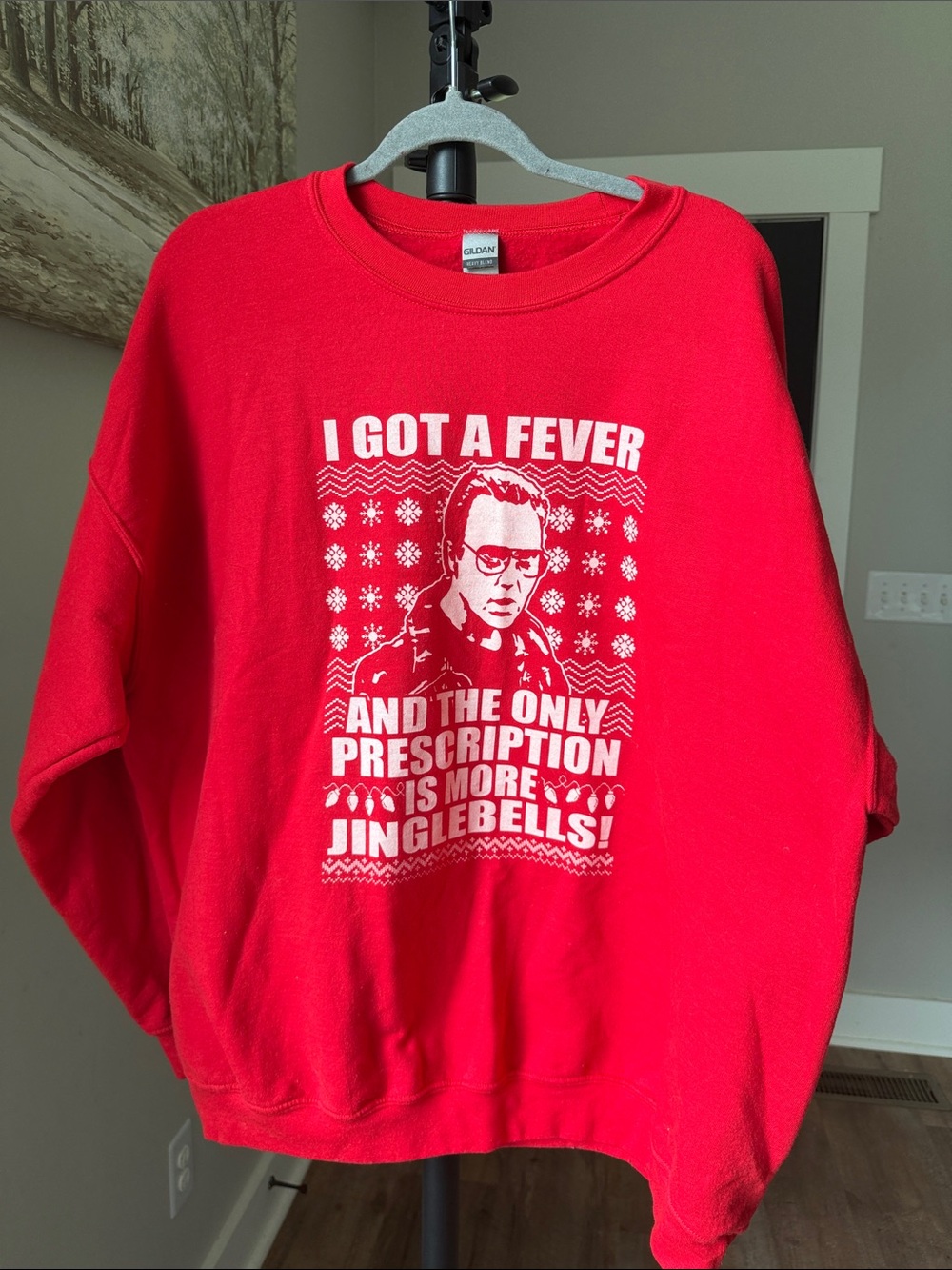 Gildan Red Crewneck Sweatshirt with White Holiday Graphic